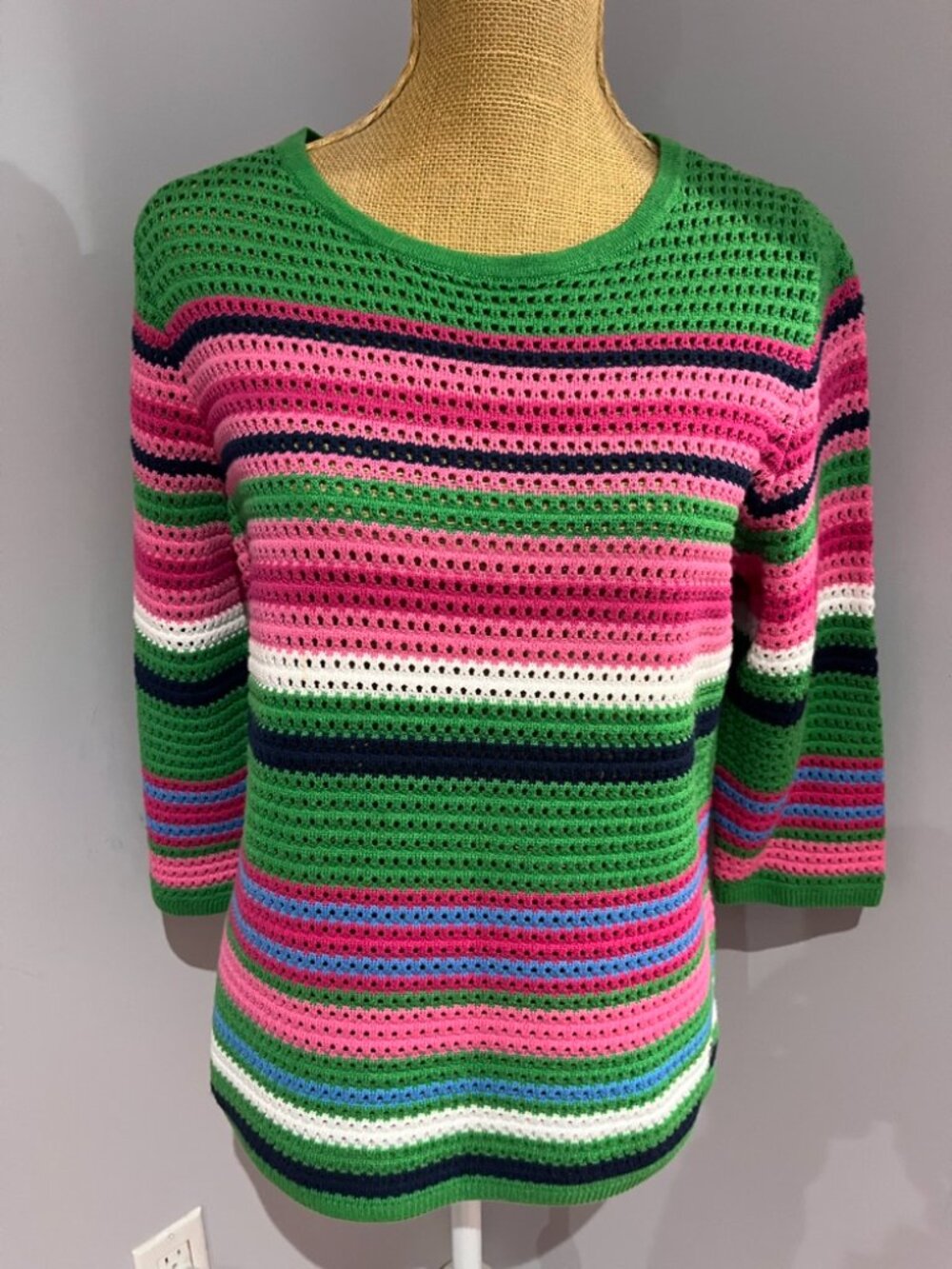 Rabe 1920 Open Knit Striped Crochet Sweater Green Pink Blue White